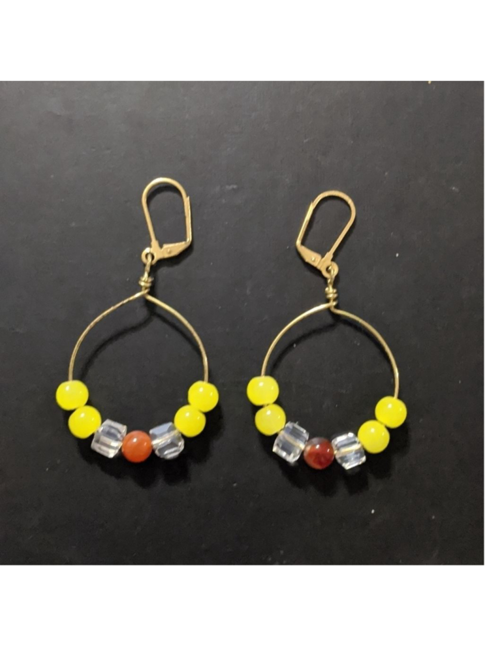 GOLD Tone Yellow Orange Clear Beaded Hoop Statement Dangle Earrings